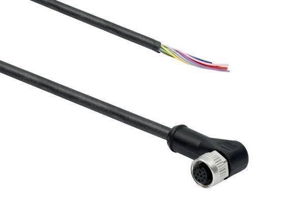 Schwarzes Kabel mit freigelegten mehrfarbigen Drähten und einem angebrachten rechtwinkligen Rundstecker auf weißem Hintergrund.