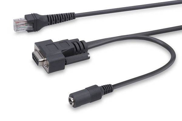 Adapterkabel mit einem Ethernet-Stecker, VGA-Anschluss und Strombuchse auf weißem Hintergrund.