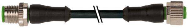 Schwarzes Kabel mit Metallsteckern an beiden Enden, mit einer weißen Doppellinie in der Mitte gekennzeichnet.
