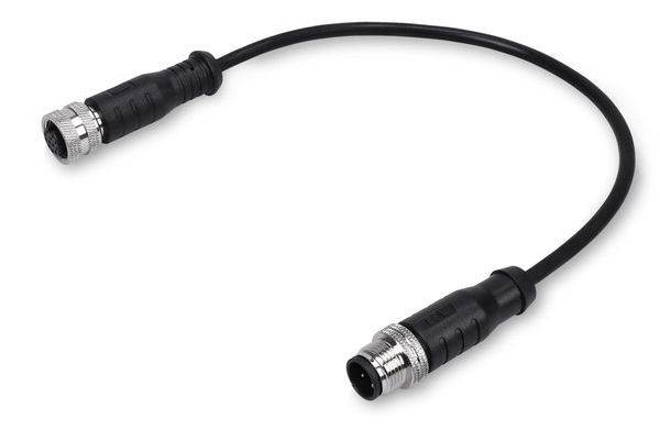 Schwarzes Kabel mit zwei metallischen kreisförmigen Steckverbindern auf weißem Hintergrund, vermutlich ein Audio- oder Datenschnittstellen-Adapterkabel.