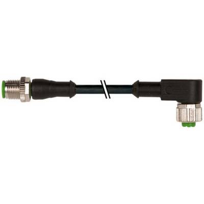 Schwarzes Kabel mit rechtwinkligen Metallsteckern an beiden Enden, eines mit Gewindeanschluss und grüner Spitze, auf weißem Hintergrund dargestellt.