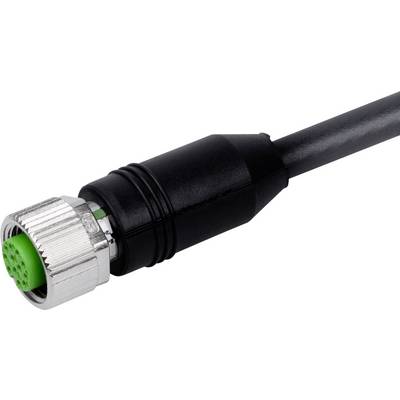 Nahaufnahme eines schwarzen Kabels mit einem metallischen kreisförmigen Stecker und grünem Multi-Pin-Einsatz, gezeigt auf weißem Hintergrund.