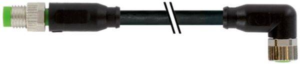 Schwarzes Kabel mit Metallsteckern, gerade an einem Ende und rechtwinklig am anderen Ende, mit einer weißen Doppelstrichmarkierung in der Nähe der Mitte.