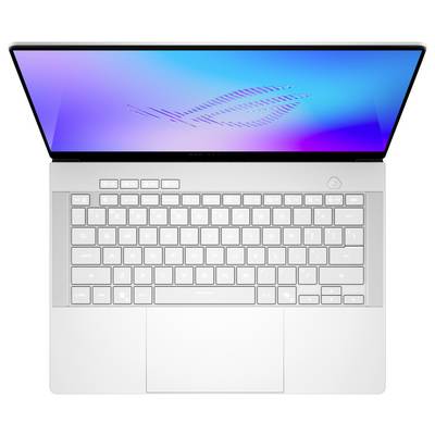 Offener silberner Laptop von oben gezeigt mit Bildschirm, der eine blauviolette abstrakte Tapete anzeigt, und eine vollständige Tastatur und ein Trackpad.