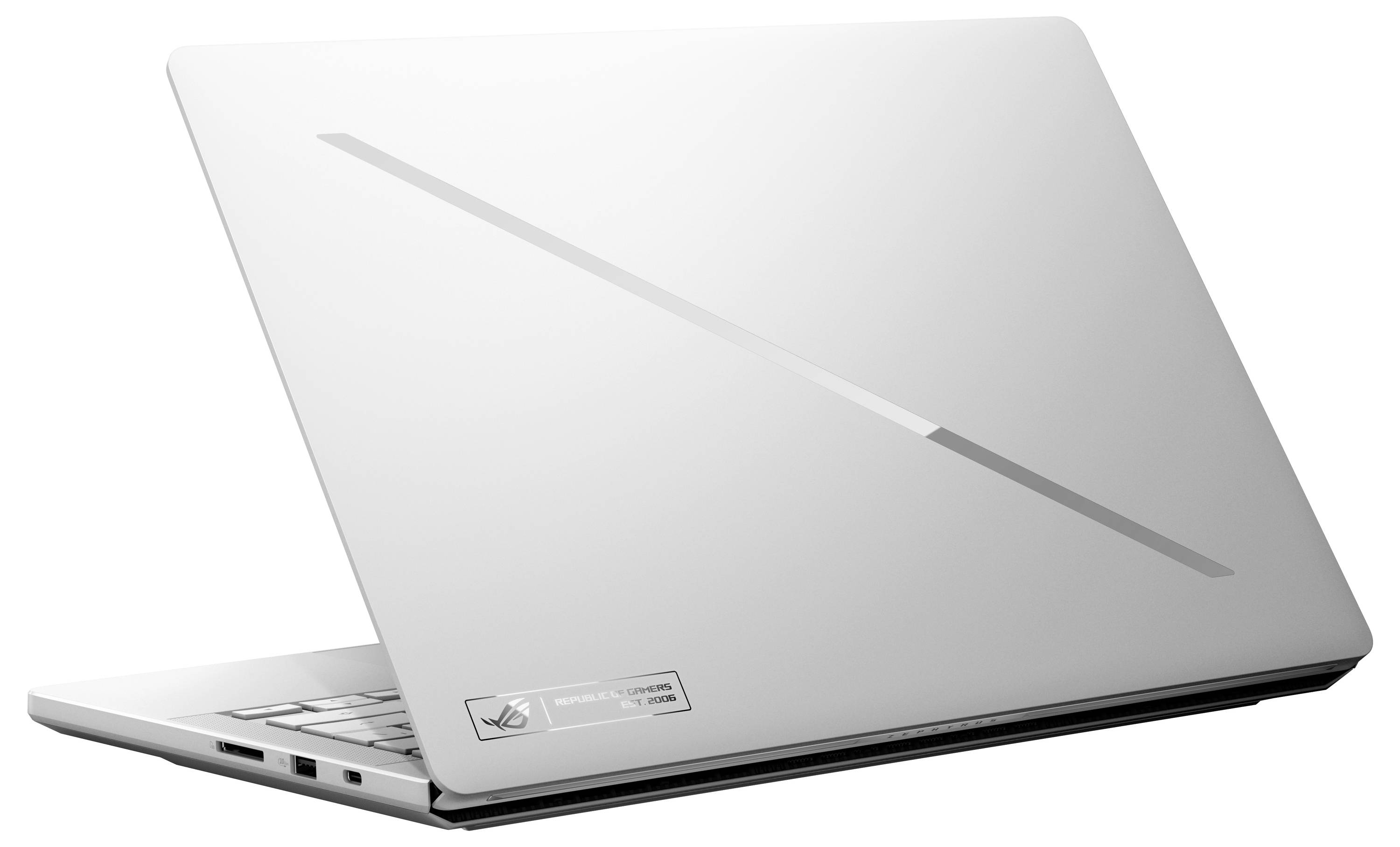 Silberner Laptop, geschlossen, in Seitenansicht auf weißem Hintergrund dargestellt.