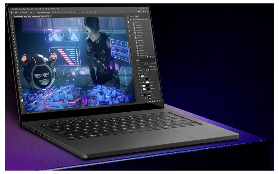 Ein Laptop, der eine futuristische Science-Fiction-Spielszene mit einer Figur und neon-blauen Interface-Grafiken anzeigt.