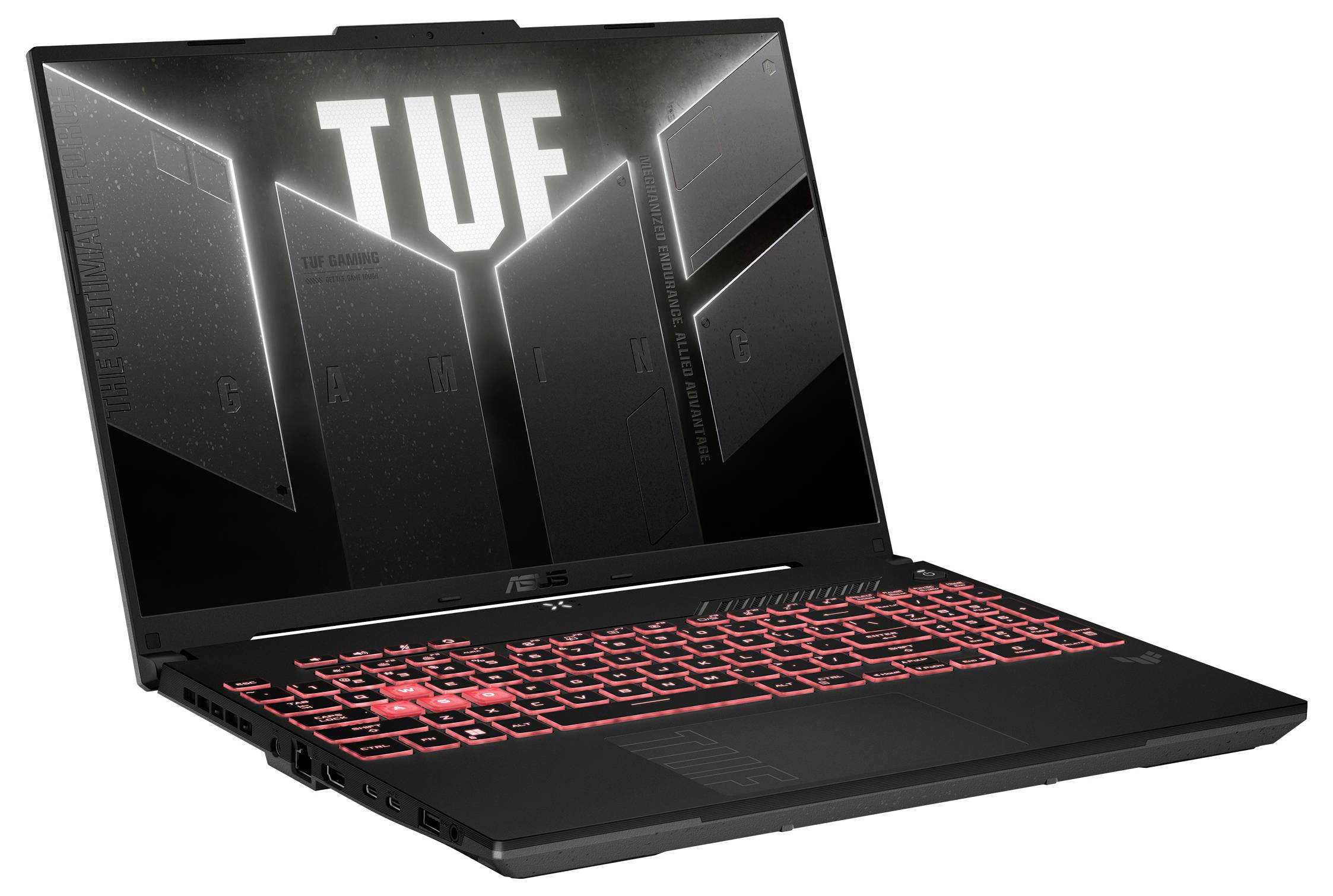 Schwarzer ASUS TUF Gaming-Laptop, aufgeklappt auf weißem Hintergrund, mit beleuchteter roter Tastatur und großem „TUF"-Logo auf dem Bildschirm.