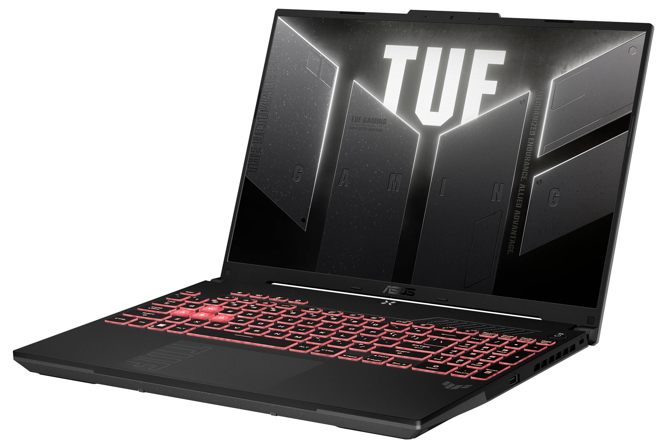 Schwarzer ASUS TUF Gaming-Laptop, offen dargestellt, mit rot beleuchteter Tastatur und großem "TUF"-Logo auf dem Displaydeckel.