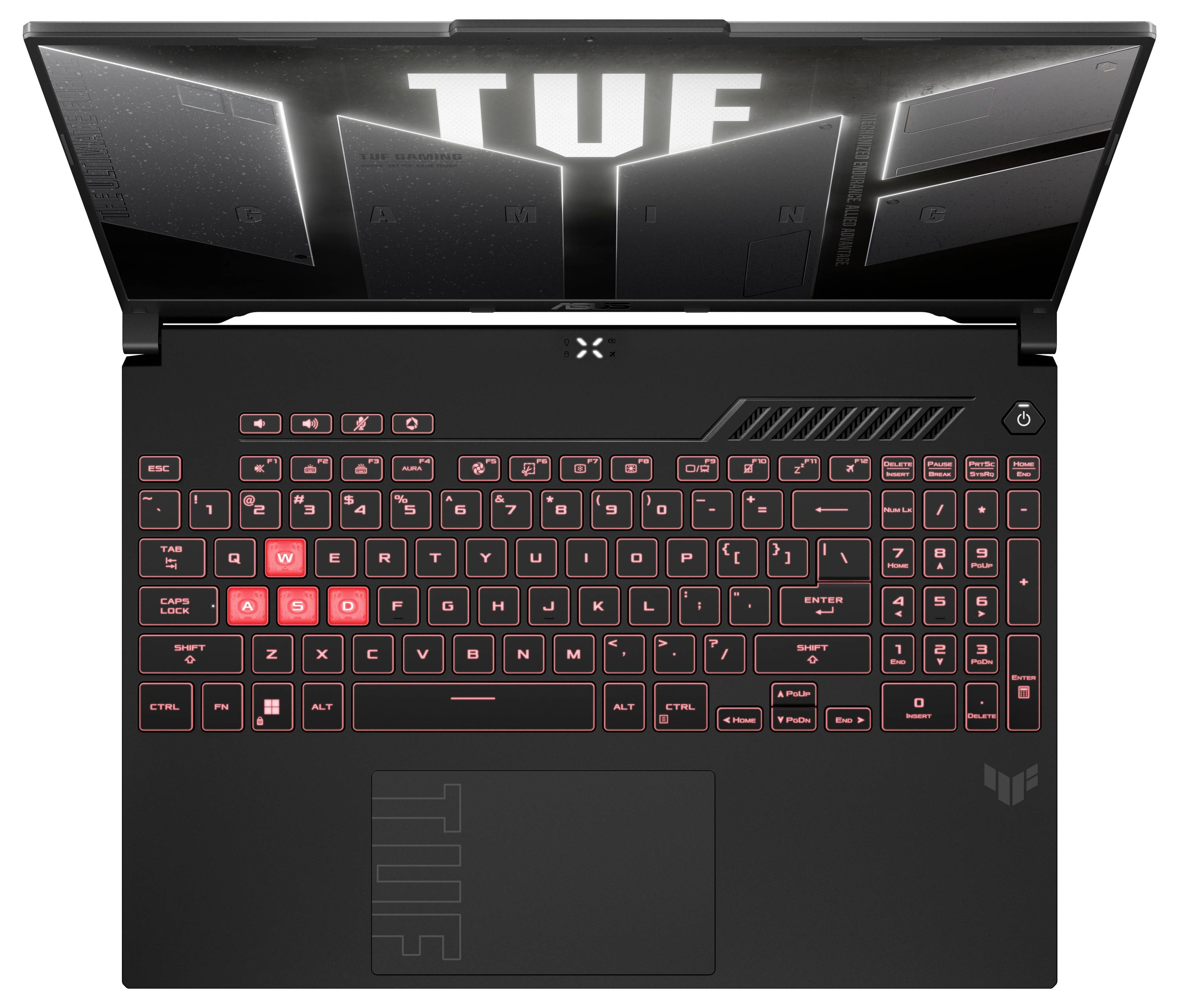 Draufsicht auf einen schwarzen Gaming-Laptop mit beleuchterter roter Tastatur und großem „TUF"-Logo auf der geöffneten Displayabdeckung.