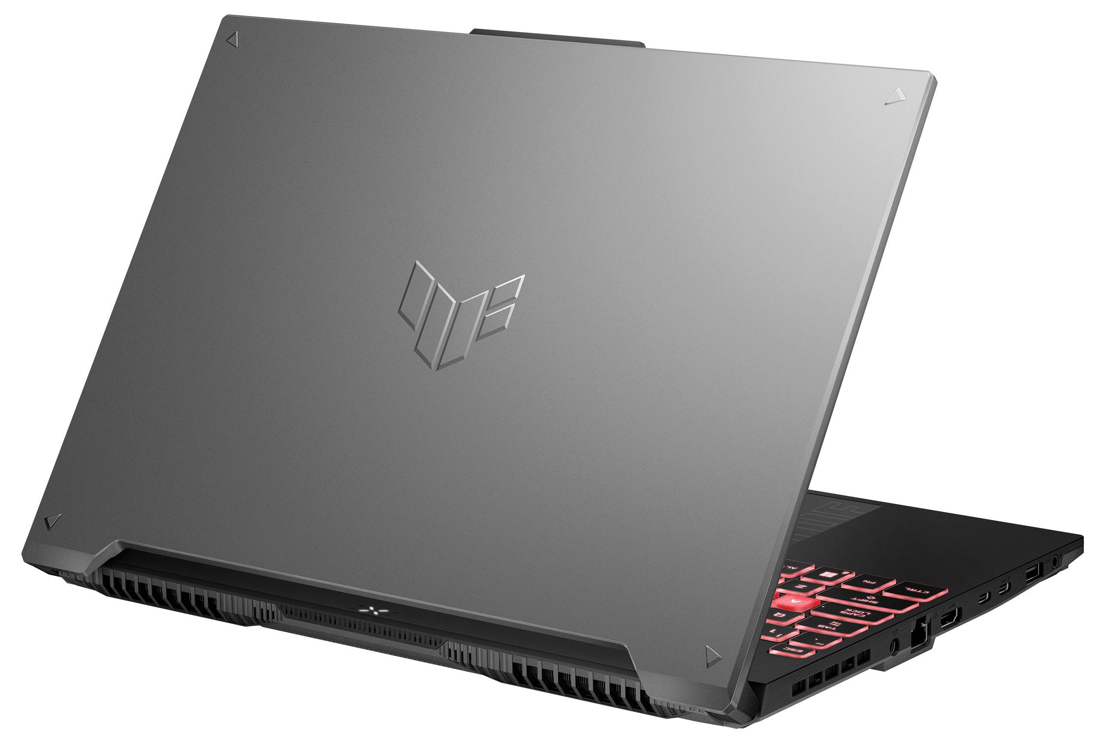 Gaming-Laptop von hinten-links gezeigt, matter dunkelgrau mit beleuchteter roter Tastatur.