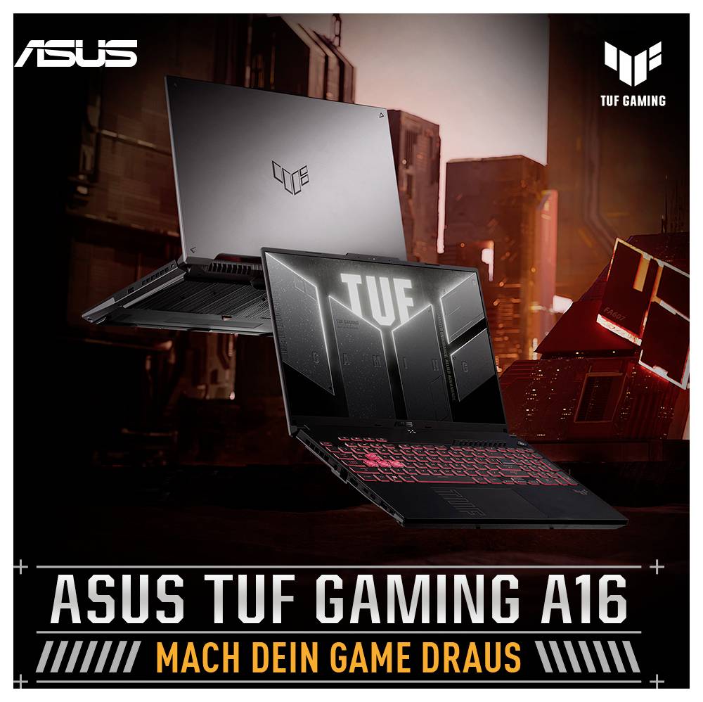 ASUS TUF Gaming A16 Laptops in Schwarz und Silber mit rot beleuchteten Tastaturen, gezeigt vor dramatischem Stadthintergrund; der Text lautet „ASUS TUF GAMING A16" und „MACH DEIN GAME DRAUS".
