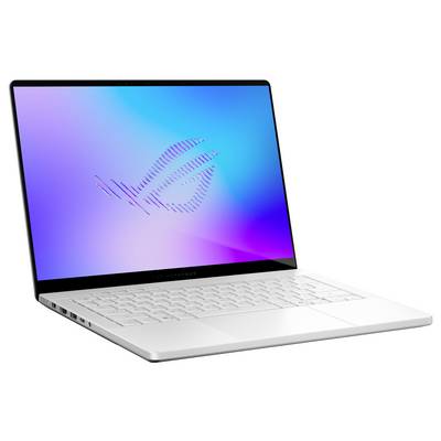 Weißer ASUS ROG-Laptop in einem Winkel geöffnet, zeigt einen blauvioletten Farbverlauf-Bildschirm mit dem ROG-Logo und einer weißen Tastatur.