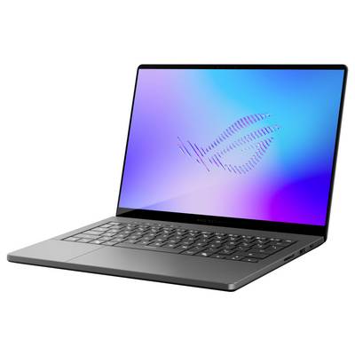 Schlanker schwarzer Laptop, geöffnet in einem Winkel gezeigt, mit einem blau-violetten Bildschirm, der das ROG-Logo anzeigt.