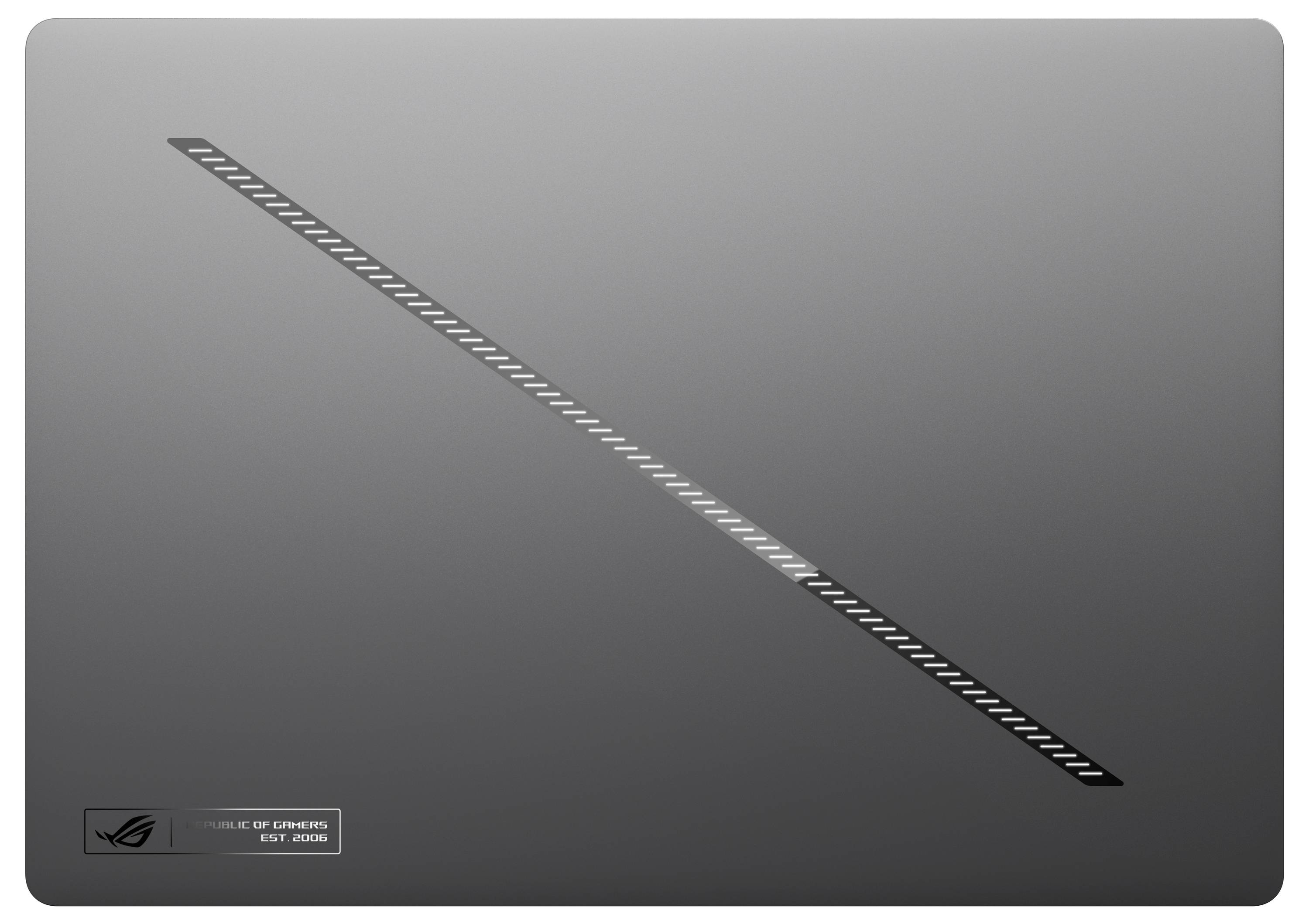 Geschlossener grauer ASUS ROG-Laptop mit einem diagonal gemusterten Streifen und einem kleinen ROG-Logo-Etikett in der unteren linken Ecke.