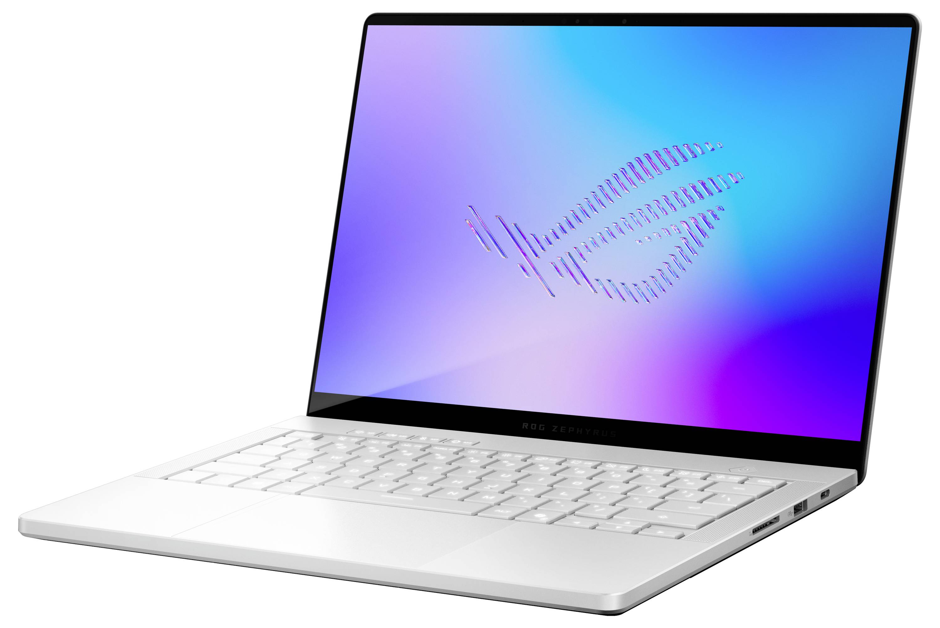 Silberner ASUS ROG Zephyrus Laptop, schräg geöffnet dargestellt, mit einem blau-violetten Farbverlauf auf dem Bildschirm, der das ROG-Logo anzeigt.