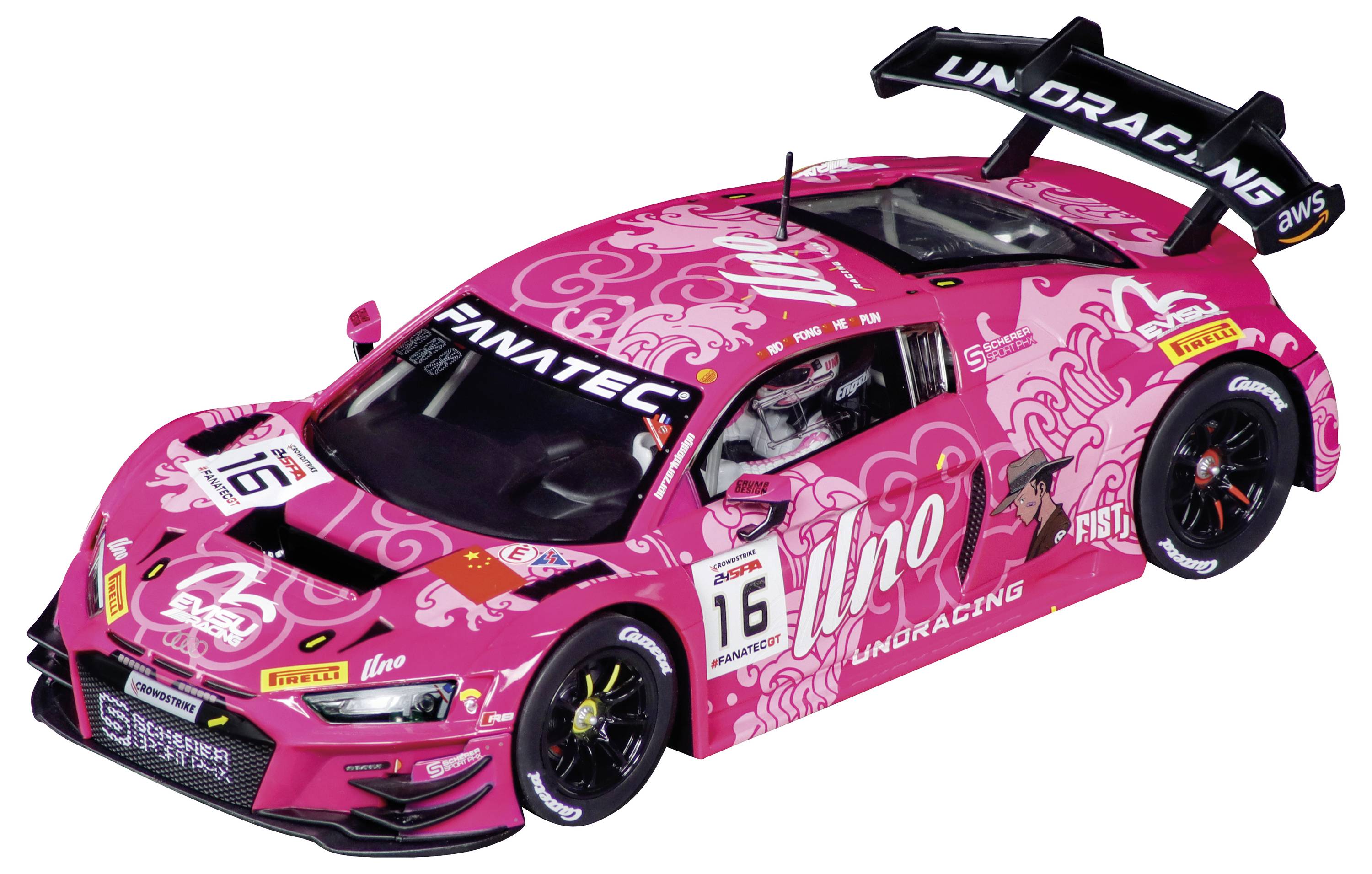 Rosa Rennwagen mit der Beschriftung "Lino" und "FANATEC", dargestellt auf weißem Hintergrund mit großem Heckflügel und der Nummer 16 auf der Tür.