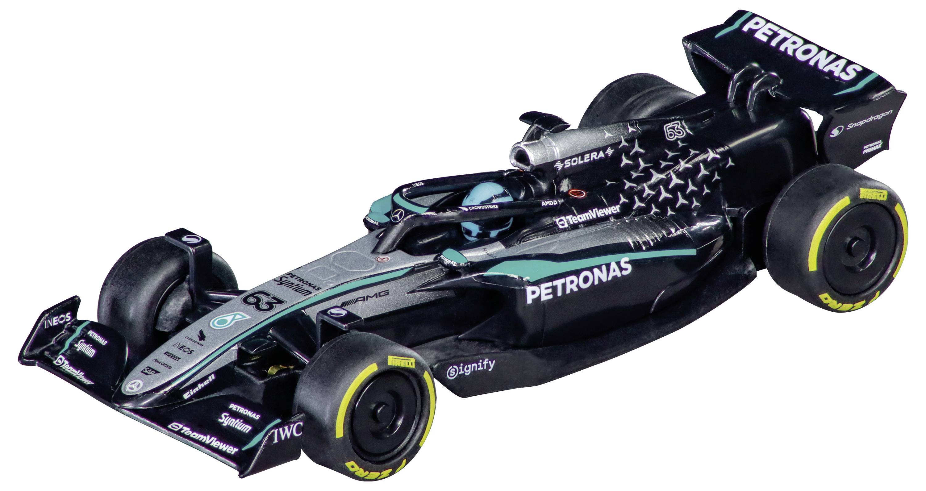 Schwarzer Mercedes Formel-1-Rennwagen mit PETRONAS-Branding auf weißem Hintergrund, in Dreiviertelsicht dargestellt.