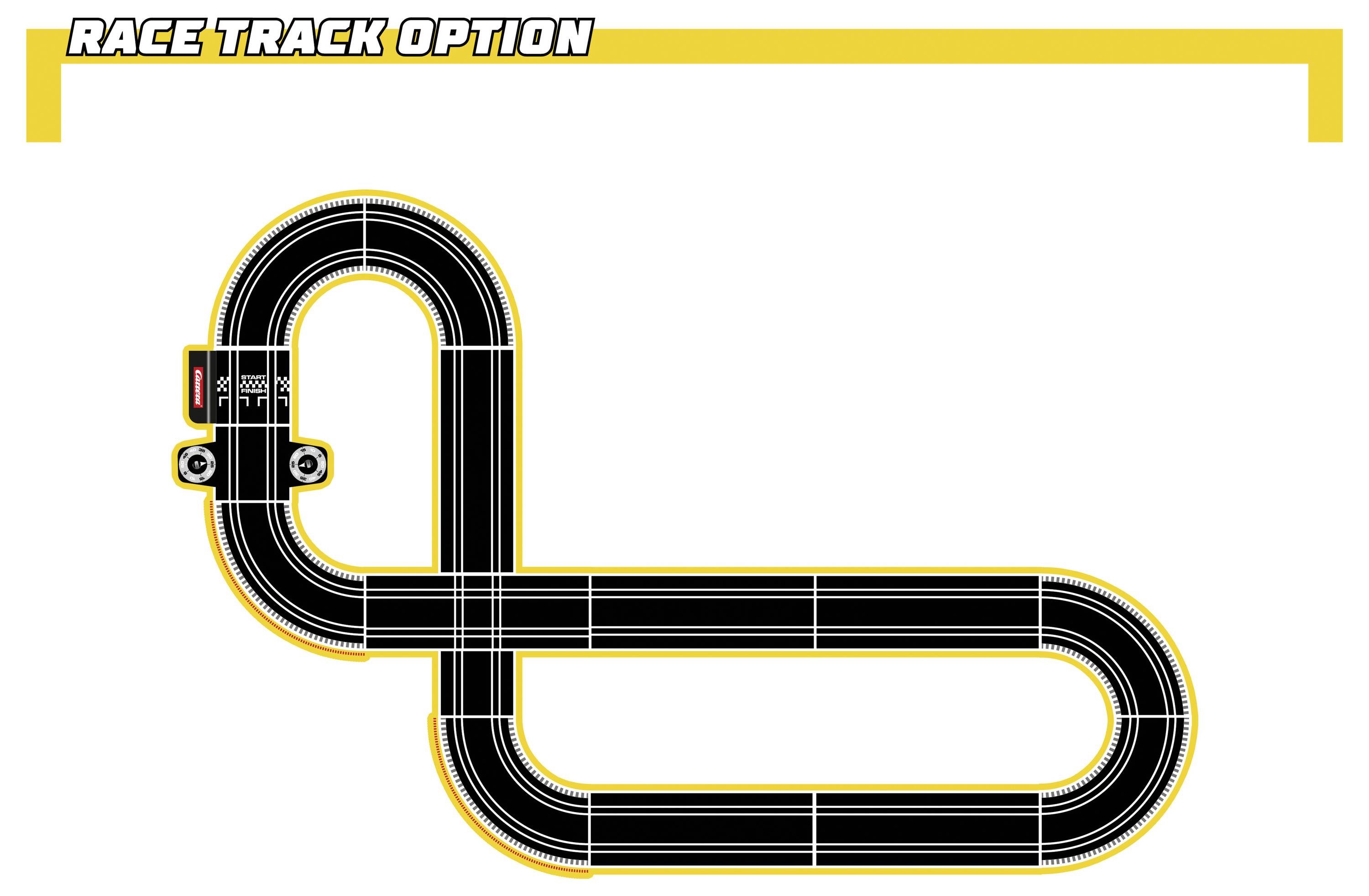 „RENNSTRECKEN-OPTION" Diagramm zeigt ein schwarzes Slotcar-Streckenlayout mit zwei Schleifen und einer Kreuzung auf weißem Hintergrund.