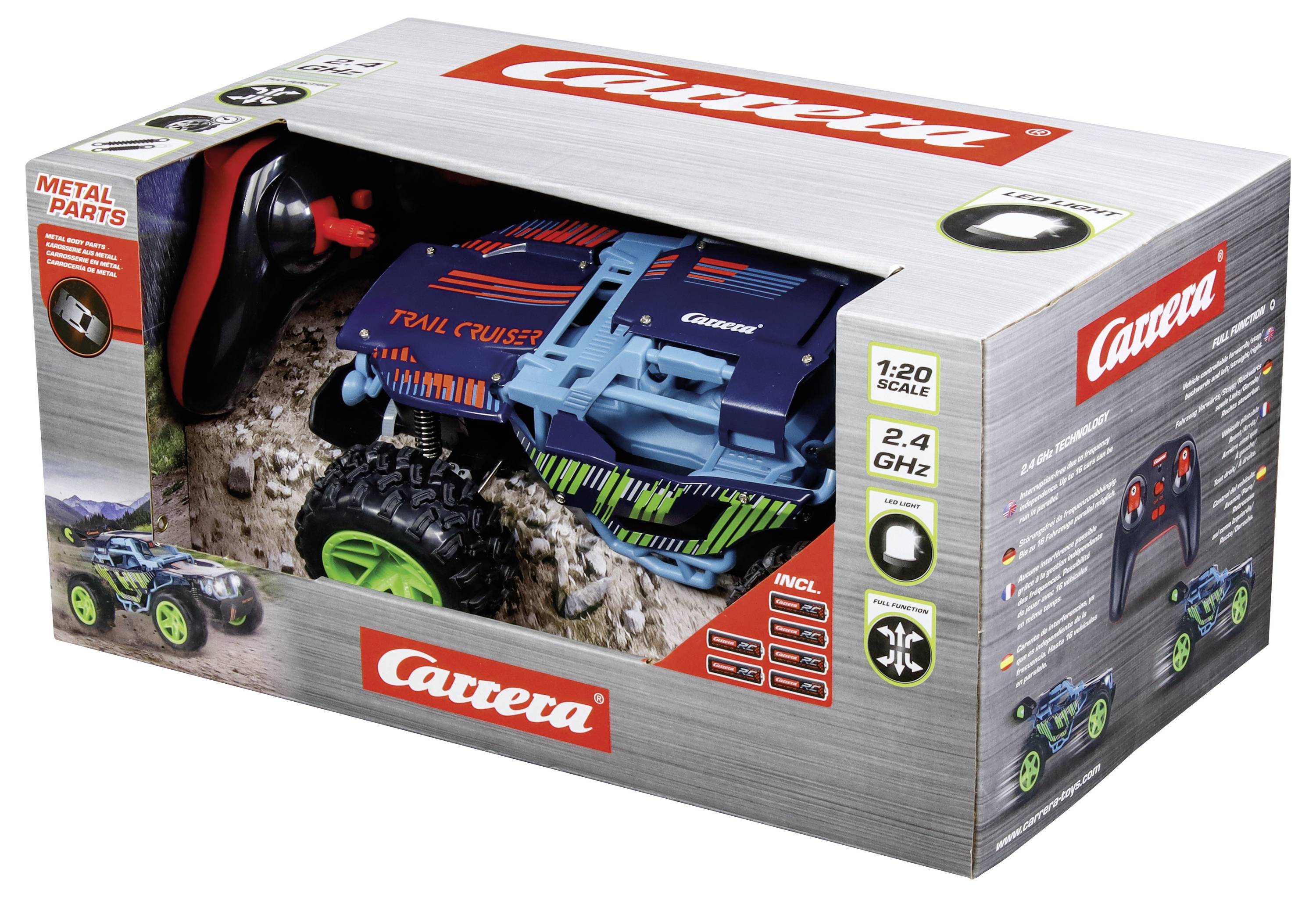Verpackter Carrera Ferngesteuerter Geländewagen-Spielzeugtruck mit Fernbedienung, beschriftet mit „Metallteile" und „1:20 Maßstab 2,4 GHz".