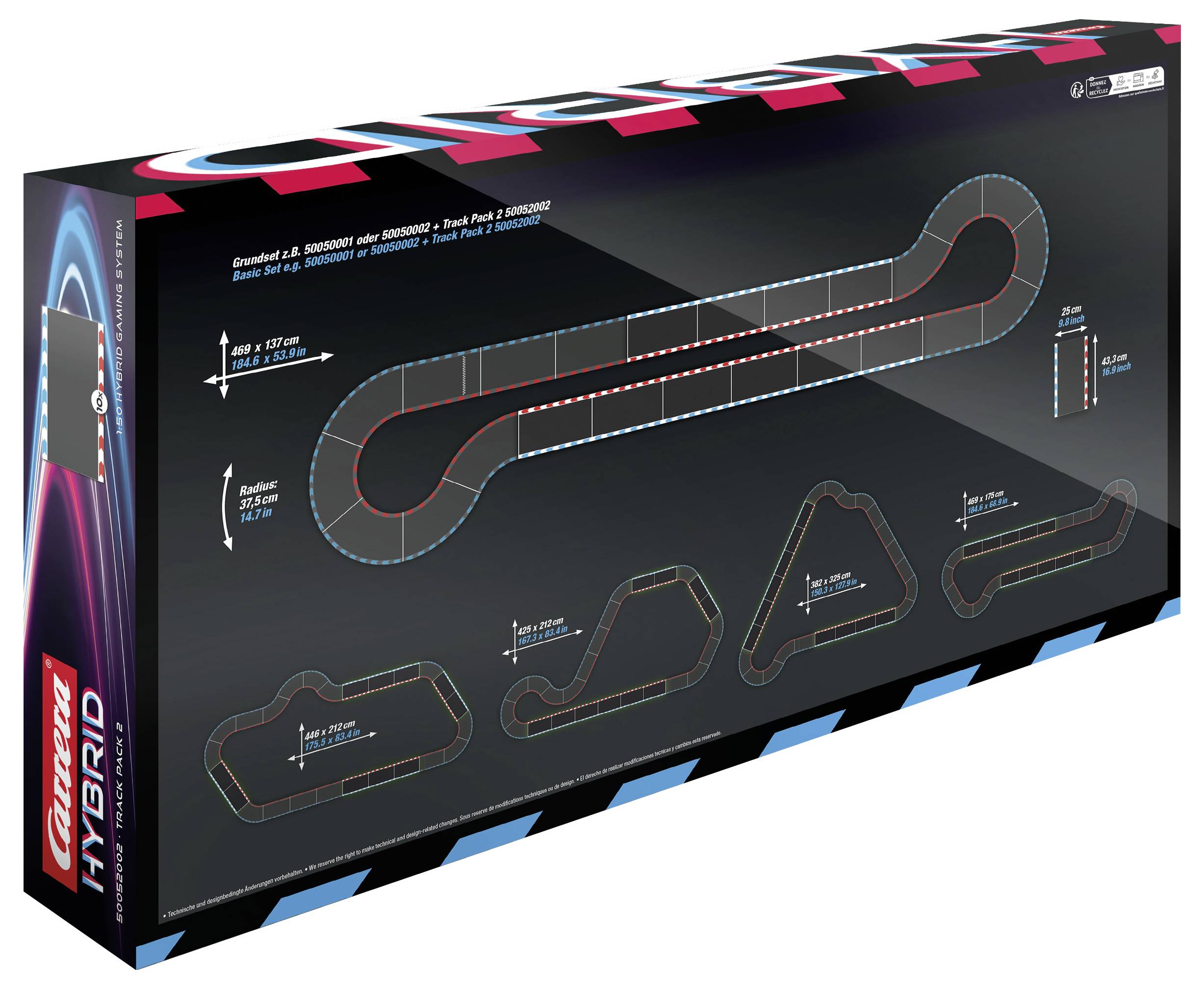Karrera Hybrid Gleissortiment mit einem langen gekrümmten Schaltungsteil und mehreren kleineren Gleisformen mit auf der Verpackung aufgedruckten Abmessungen.