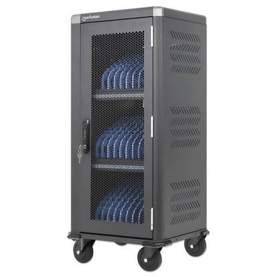 Abgesperrter schwarzer Netzwerk-Ausrüstungsschrank mit Rädern, Gitterfront-Tür, sichtbaren blauen Kabeln im Inneren und Seitenlüftungsöffnungen.