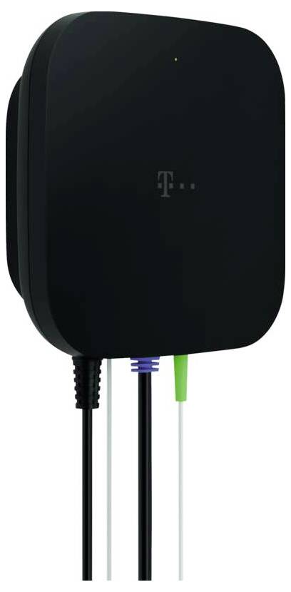 Schwarzes quadratisches T-Mobile-Internetmodem/Router mit vier Kabeln, die darunter angeschlossen sind, und einer kleinen Statusleuchte oben.