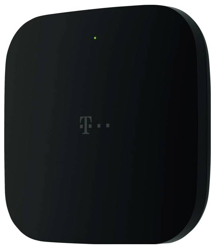 Schwarzes rechteckiges T-Mobile-Modem oder Router mit grünem Statuslicht und T-Logo auf der Vorderseite