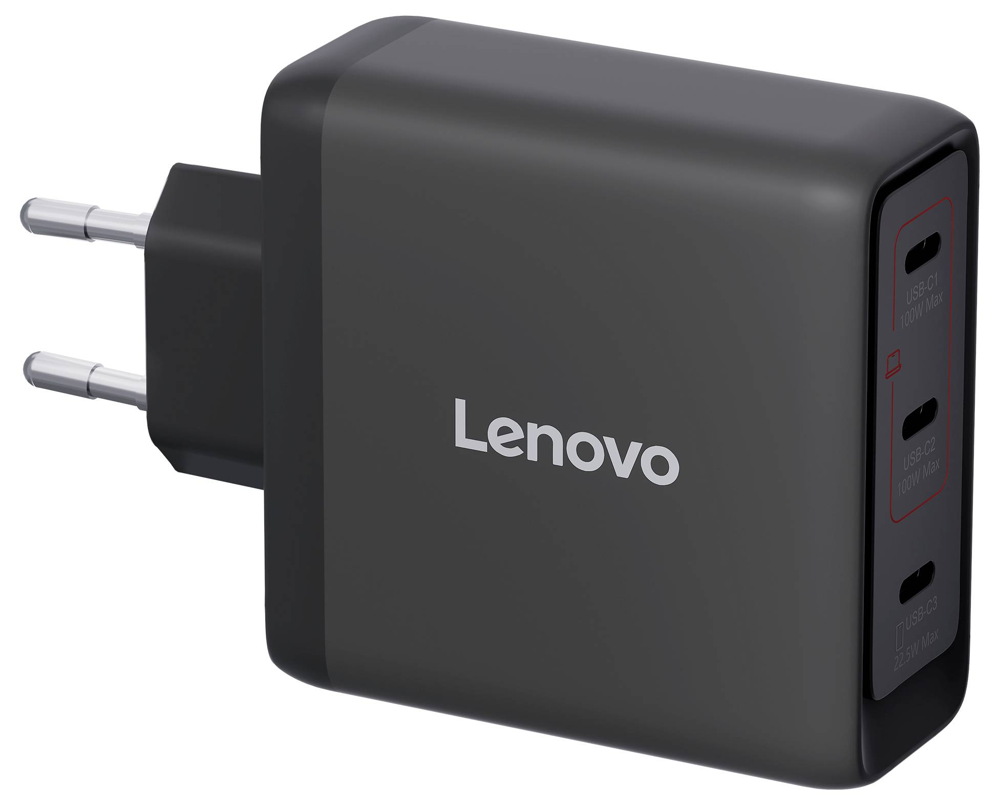 Schwarzes Lenovo-Wandladegerät mit zwei europäischen Steckerstiften und drei USB-Ladeanschlüssen an der Seite.