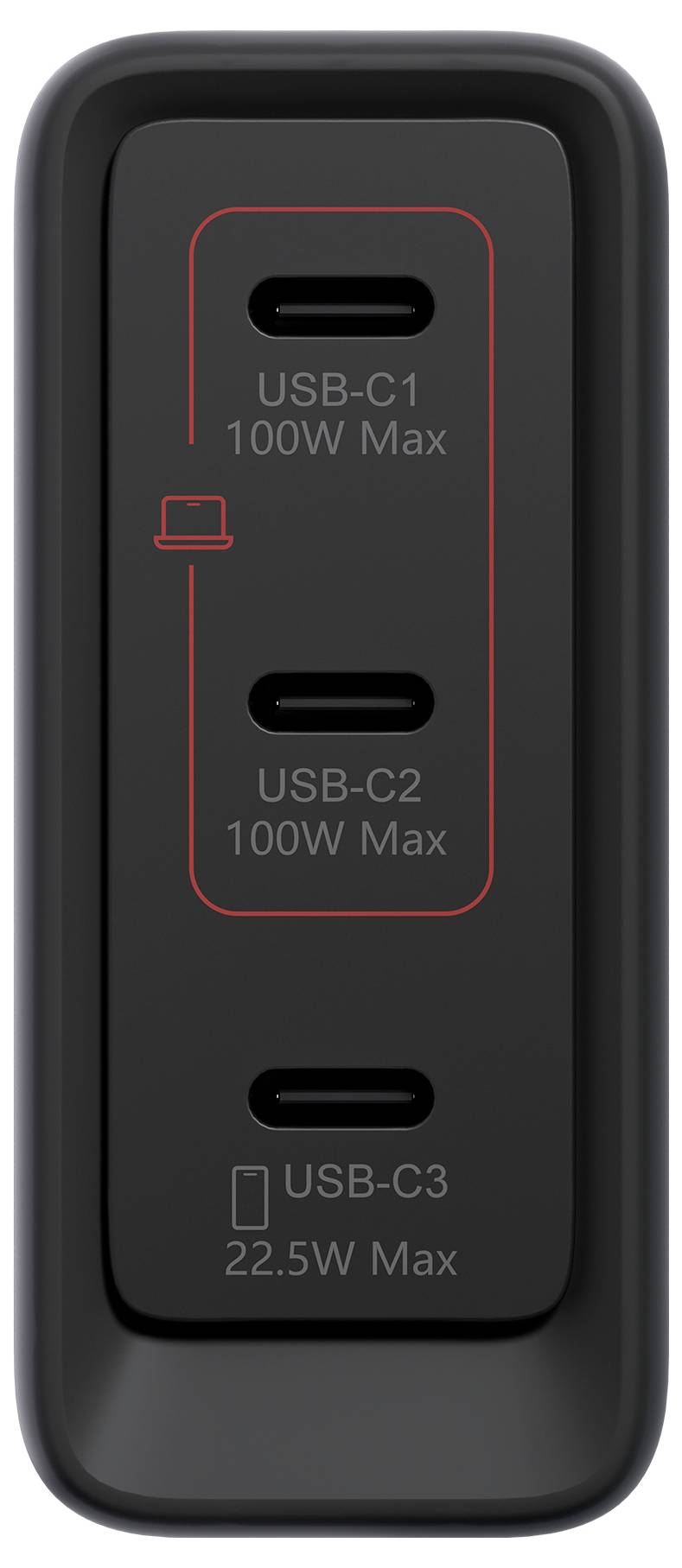 Nahaufnahme eines schwarzen Ladegeräts mit drei USB-C-Anschlüssen mit den Bezeichnungen „USB-C1 100W Max", „USB-C2 100W Max" und „USB-C3 22,5W Max".