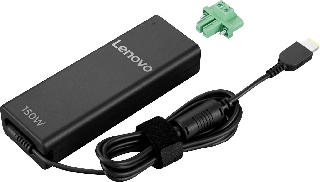 Lenovo 150W Laptop-Netzteil mit angeschlossenem Ladekabel und kleinem grünem Stecker