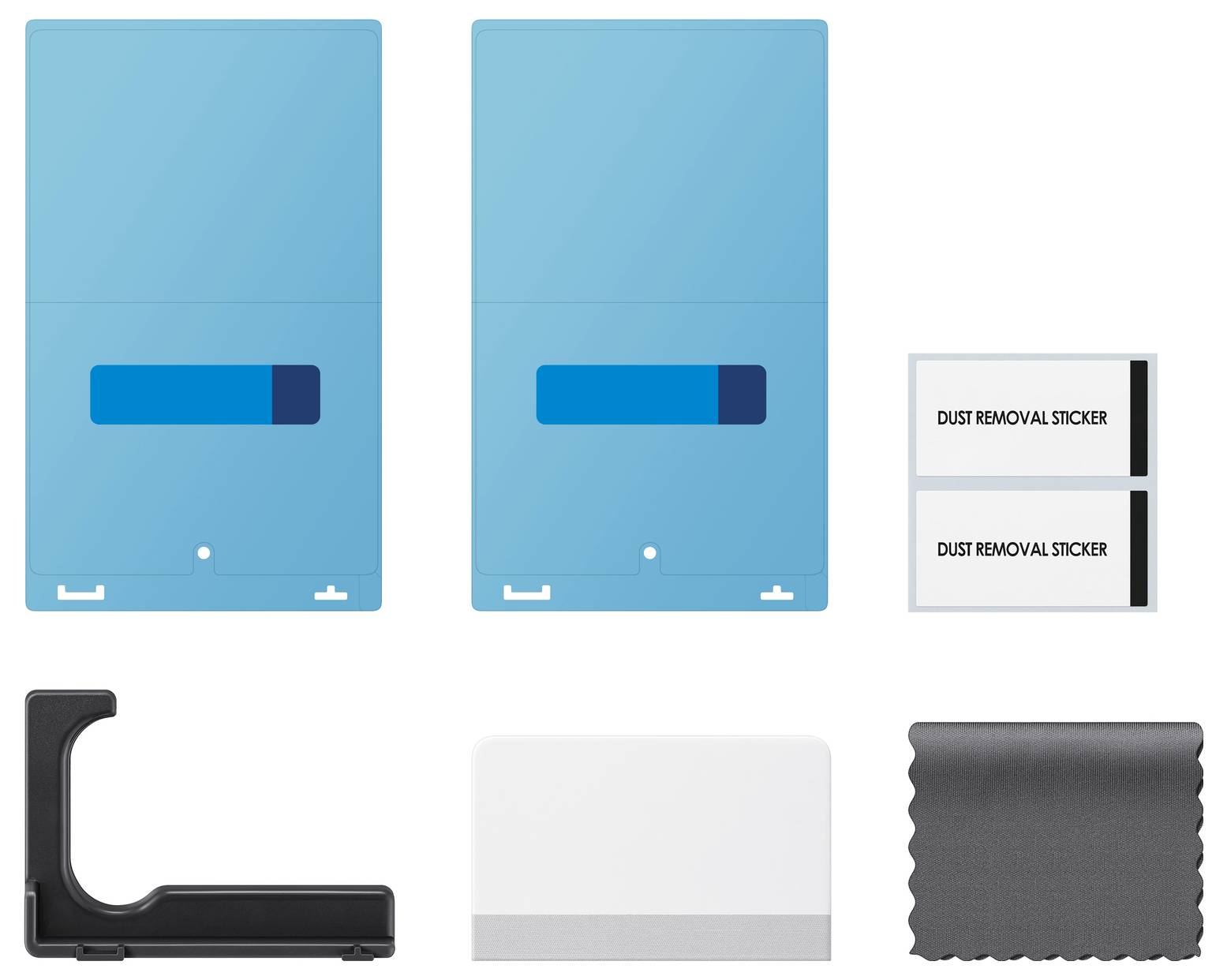 Displayschutzfolien-Set mit zwei blauen Telefonfolien, zwei "STAUBENTFERNUNGS-AUFKLEBER"-Blättern, schwarzem Installationswerkzeug, weißer Karte und Reinigungstuch.
