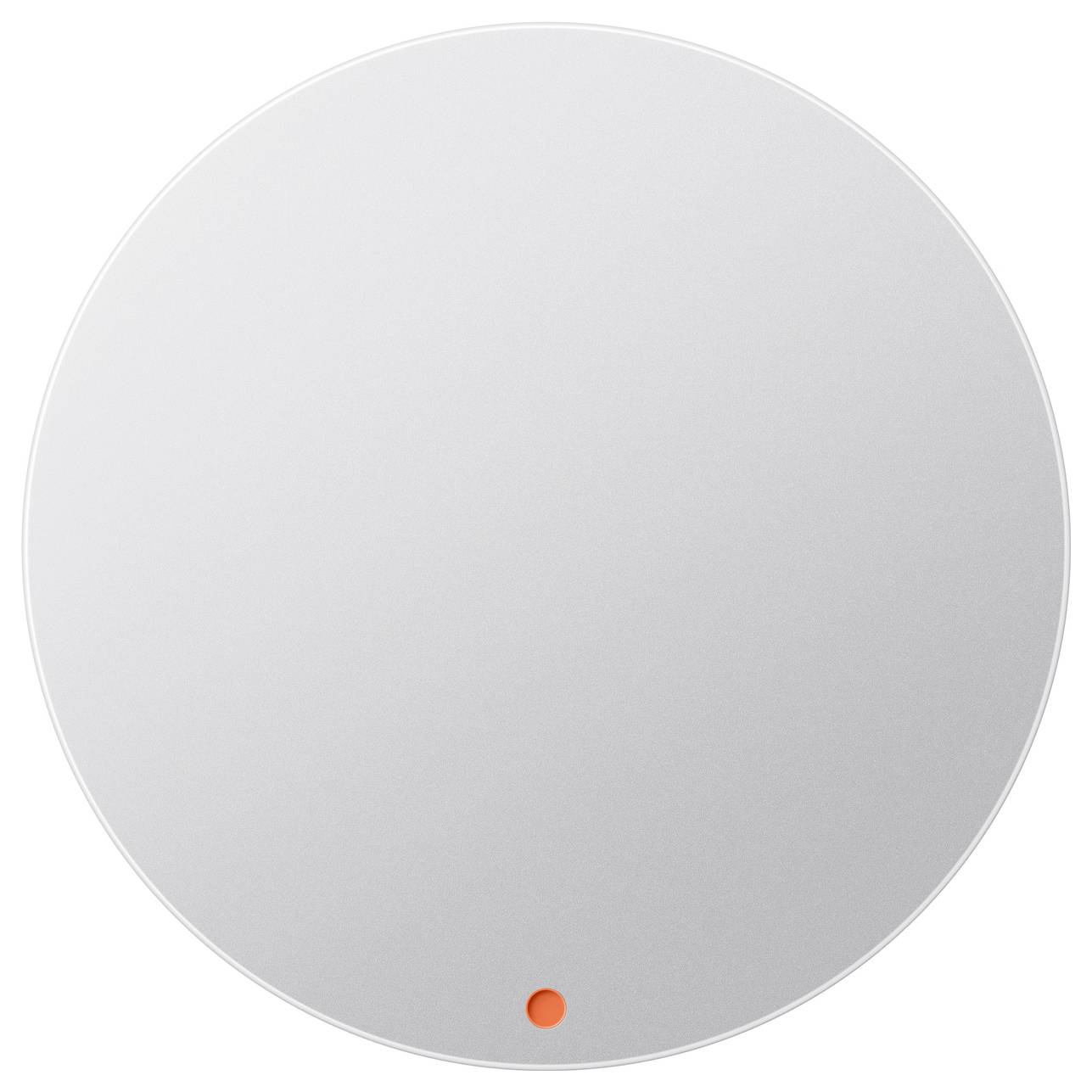 Leere silberne kreisförmige Schaltfläche oder Schalter mit einem kleinen orangefarbenen Indikatorpunkt in der Nähe der unteren Mitte.