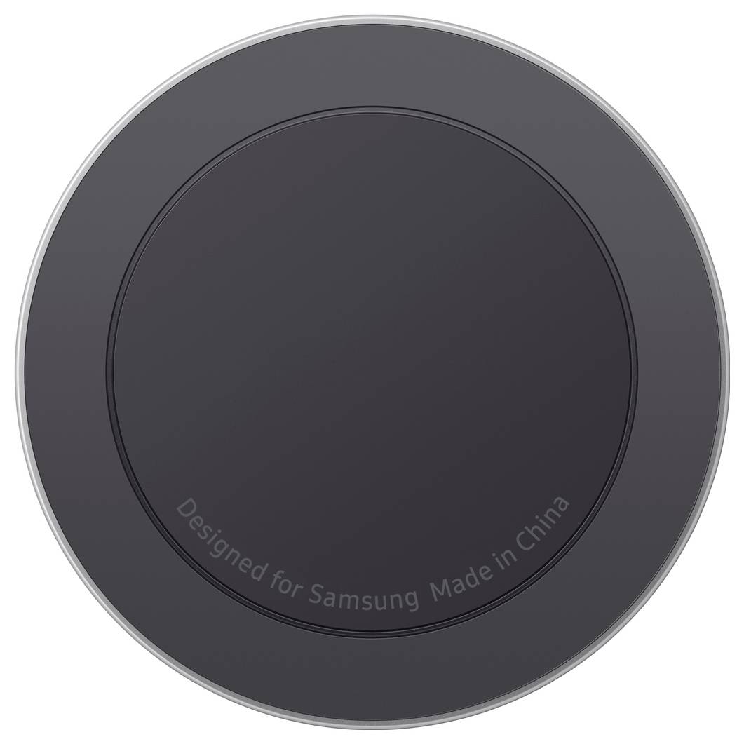 Rundes schwarzes Samsung-Ladepad für kabellose Aufladung mit der Aufschrift „Designed for Samsung Made in China"