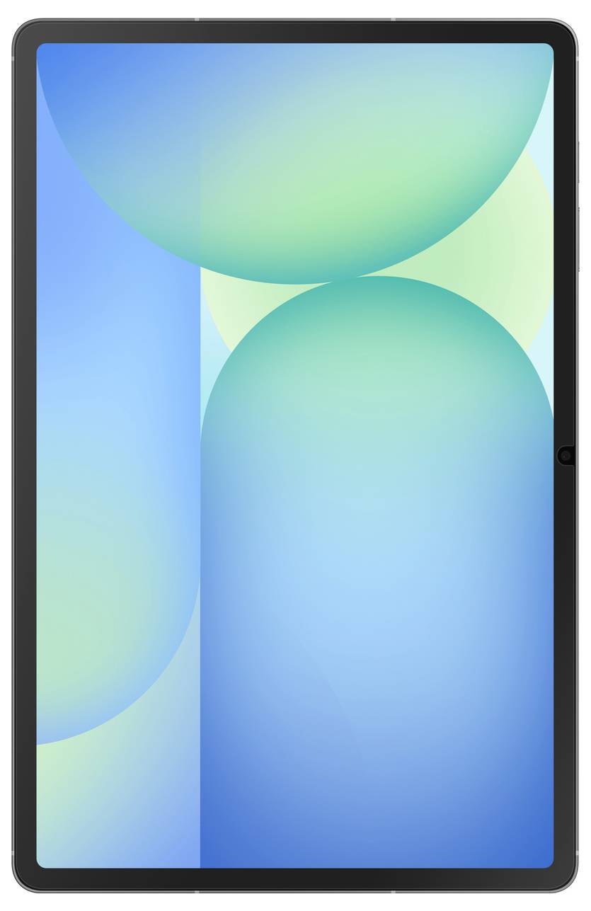 Vorderansicht eines Tablets mit einem blauen und grünen abstrakten Farbverlauf-Hintergrundbild auf dem Bildschirm.