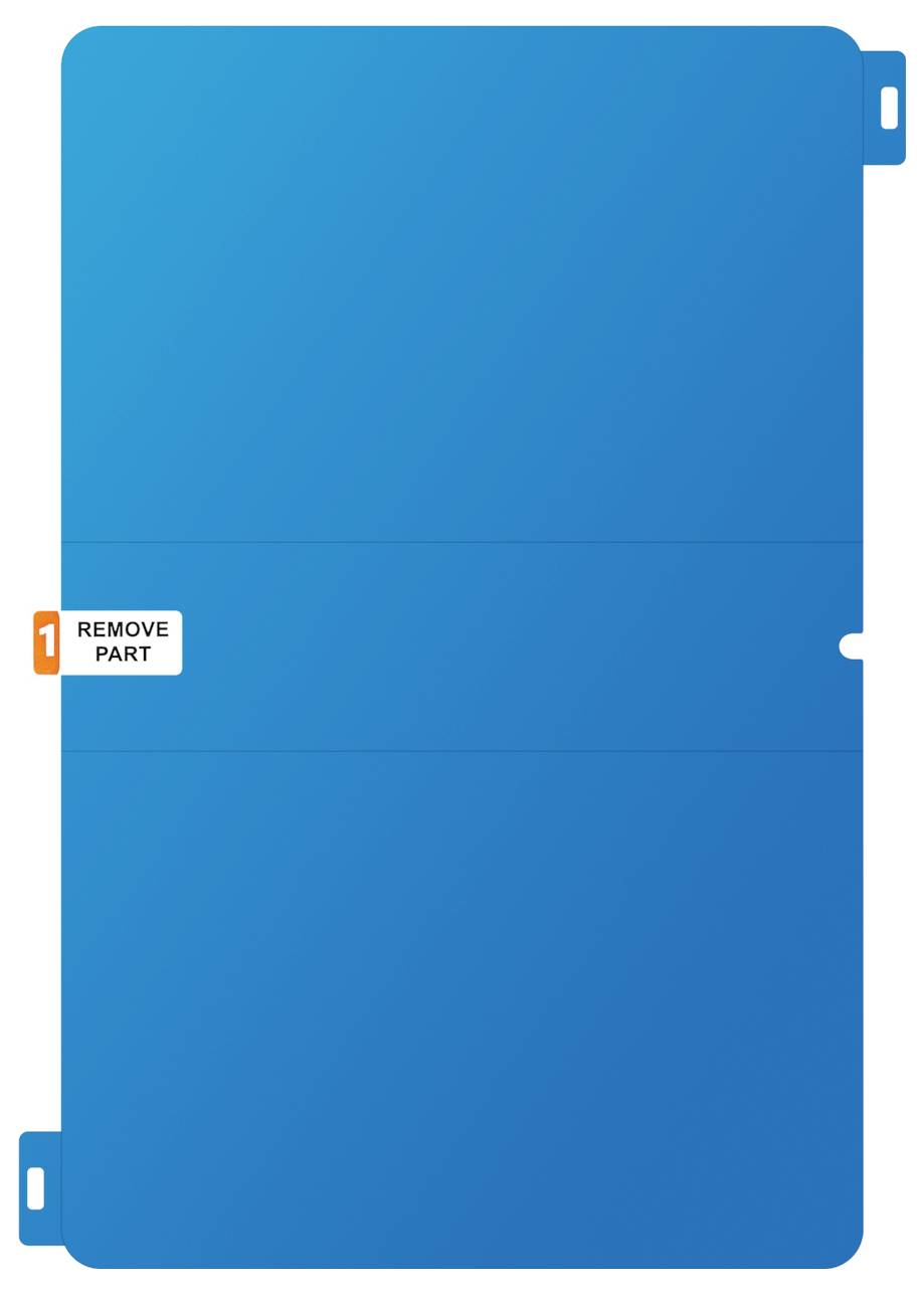 Blauer Ordner oder Dokumentumschlag mit Reiter und seitlicher Aussparung, auf der linken Seite mit „1 REMOVE PART" beschriftet.