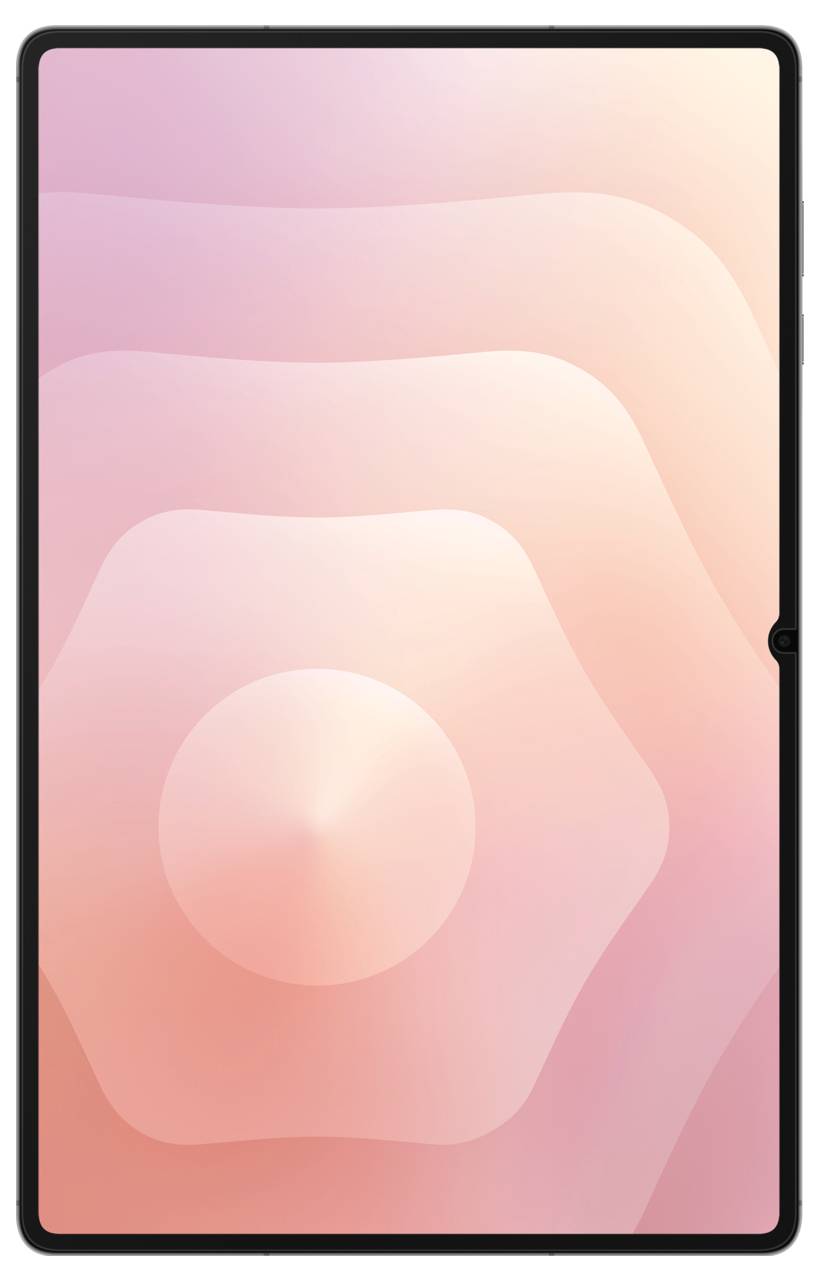 Tablet im Hochformat angezeigt mit einem rosa und pfirsichfarbenen abstrakten Gradient-Hintergrund und abgerundeten geschichteten Formen.