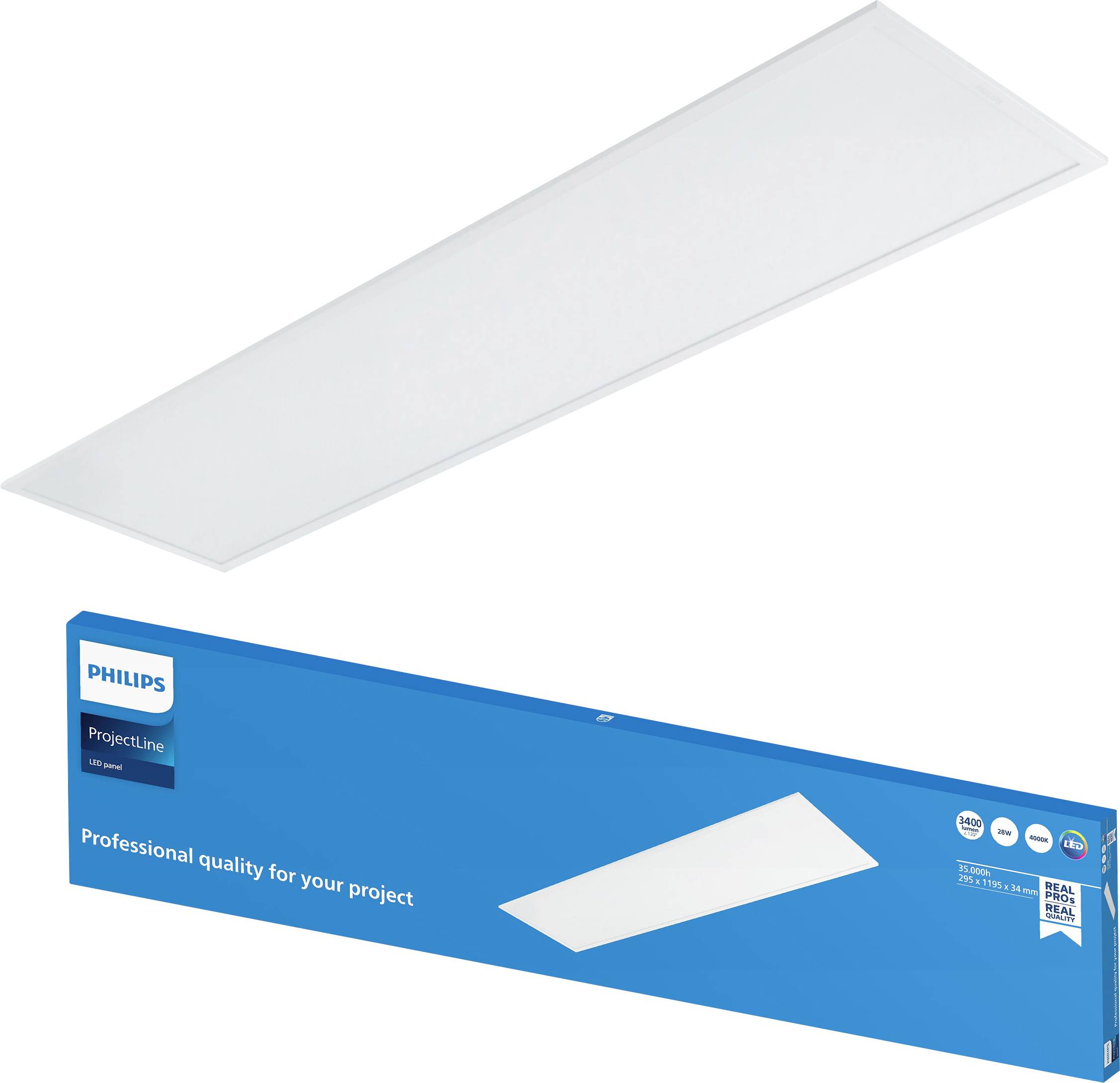 Philips ProjectLine rechteckiges LED-Panellicht mit schmalem weißem Deckengestell und blauer Produktschachtel mit der Aufschrift „Professionelle Qualität für Ihr Projekt".