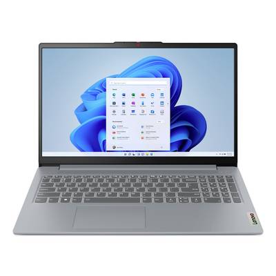 Ein Lenovo-Laptop mit dem Windows 11-Desktop, auf dem das Startmenü auf dem Bildschirm geöffnet ist.