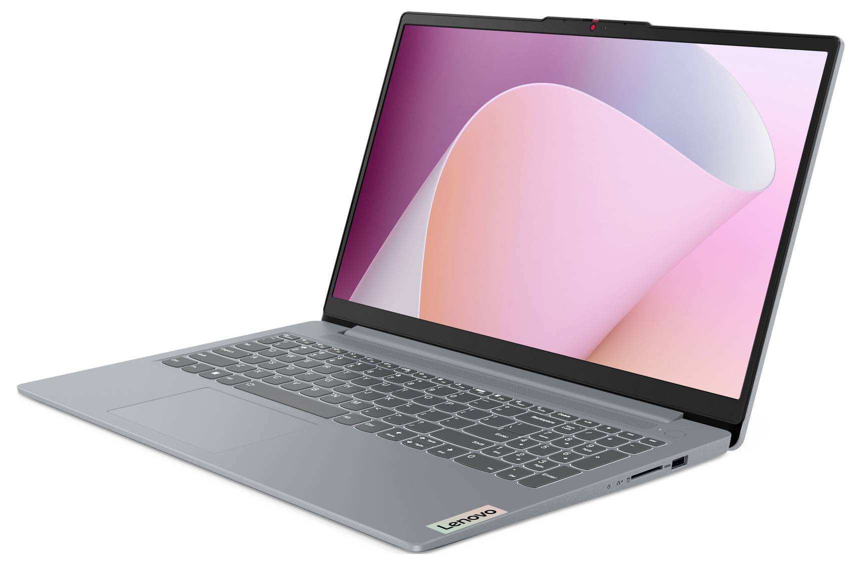 Silberner Lenovo-Laptop in einem Winkel geöffnet, zeigt eine rosa abstrakte Tapete auf dem Bildschirm.