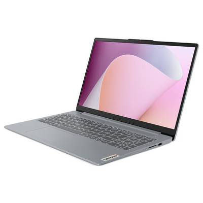 Silberner Lenovo-Laptop in einem Winkel geöffnet, zeigt eine rosa abstrakte Tapete auf dem Bildschirm.