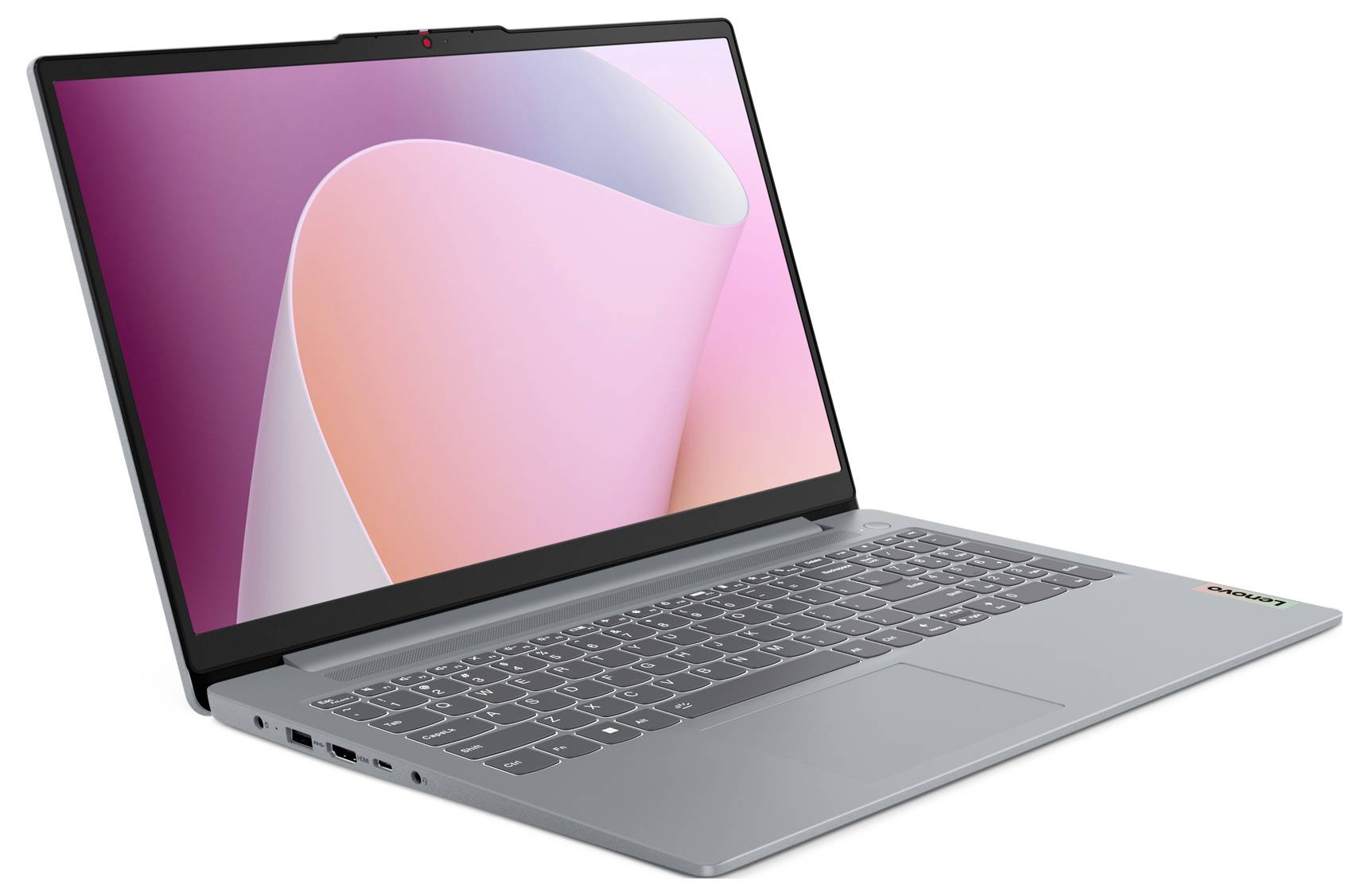 Silberner Laptop-Computer, der in einem Winkel geöffnet angezeigt wird, mit rosa abstraktem Hintergrundbild auf dem Bildschirm.