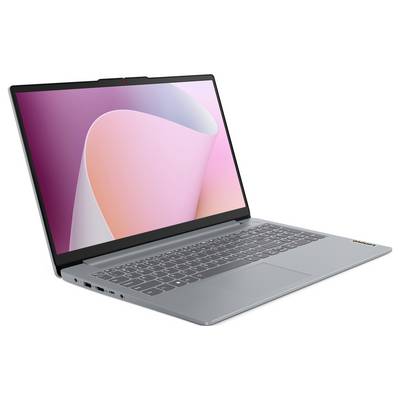 Silberner Laptop-Computer, der in einem Winkel geöffnet angezeigt wird, mit rosa abstraktem Hintergrundbild auf dem Bildschirm.