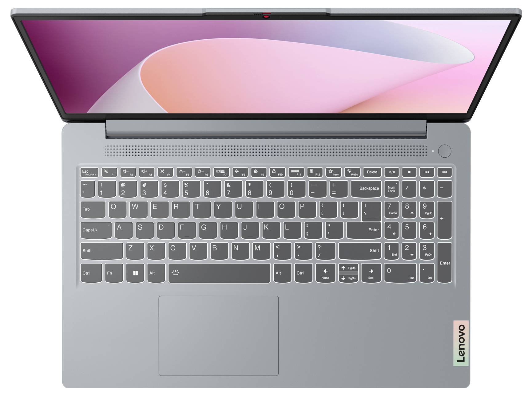 Draufsicht auf einen Lenovo-Laptop mit geöffnetem Bildschirm, der Tastatur, Touchpad und großes Display zeigt.