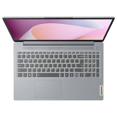 Draufsicht auf einen Lenovo-Laptop mit geöffnetem Bildschirm, der Tastatur, Touchpad und großes Display zeigt.