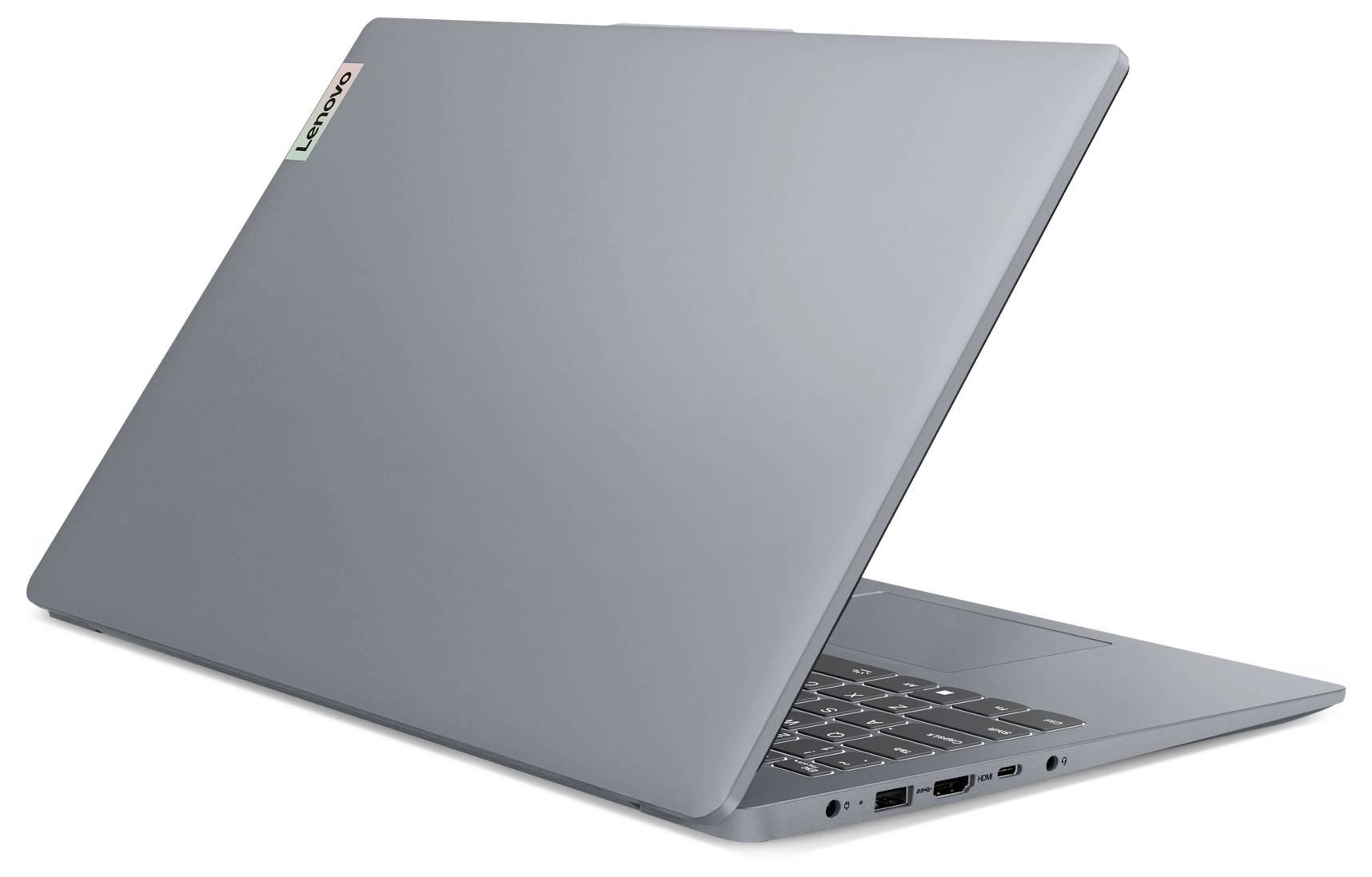 Zugeklappter silberner Lenovo-Laptop im Winkel fotografiert mit geschlossenem Bildschirm.