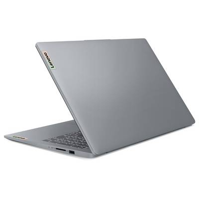 Silberner Lenovo-Laptop teilweise geöffnet, zeigt Tastatur und Bildschirmrückseite auf weißem Hintergrund.