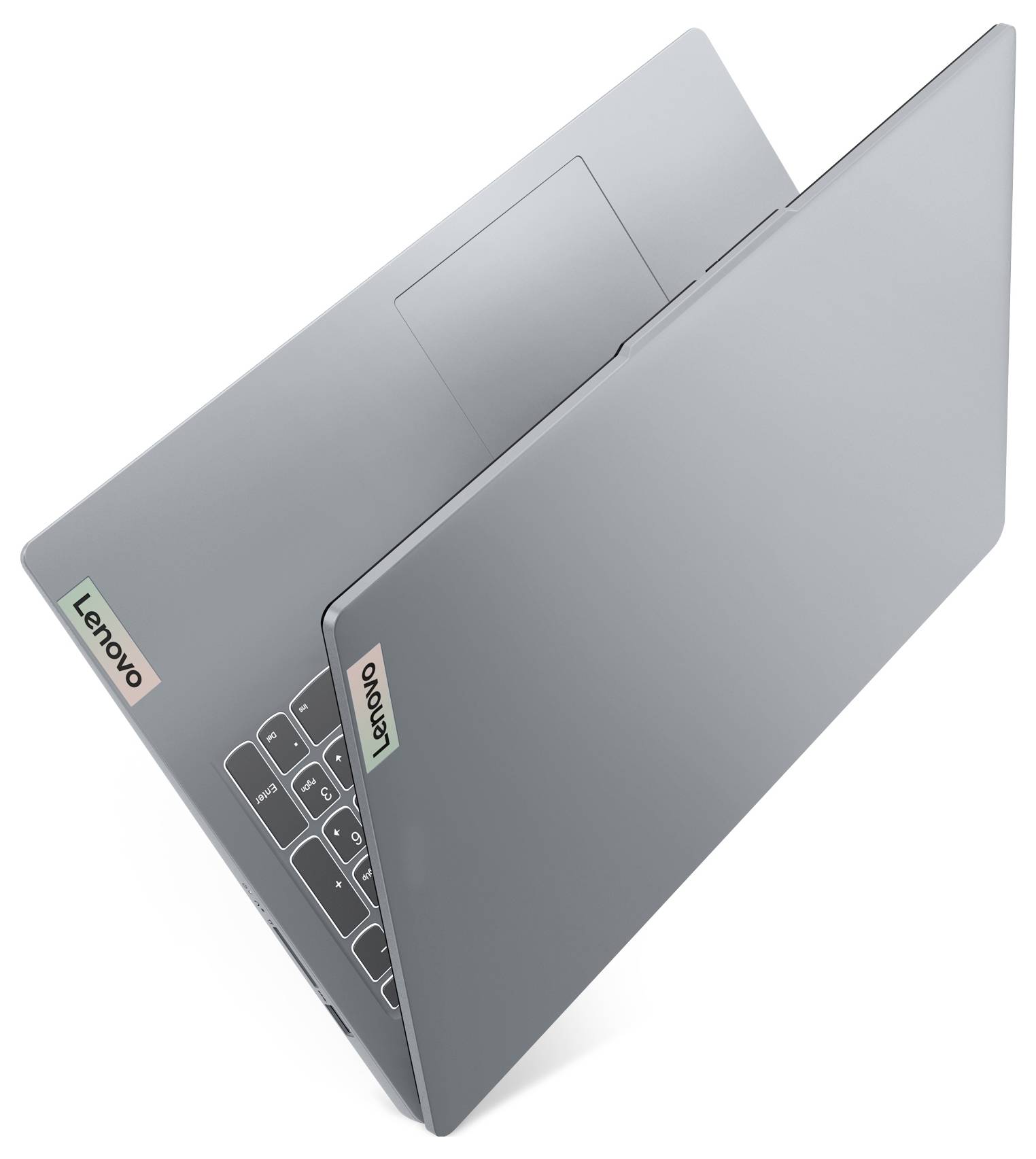 Zwei graue Lenovo-Laptops, teilweise geöffnet und sich überlappend, zeigen die Tastaturen und Lenovo-Logos auf weißem Hintergrund.