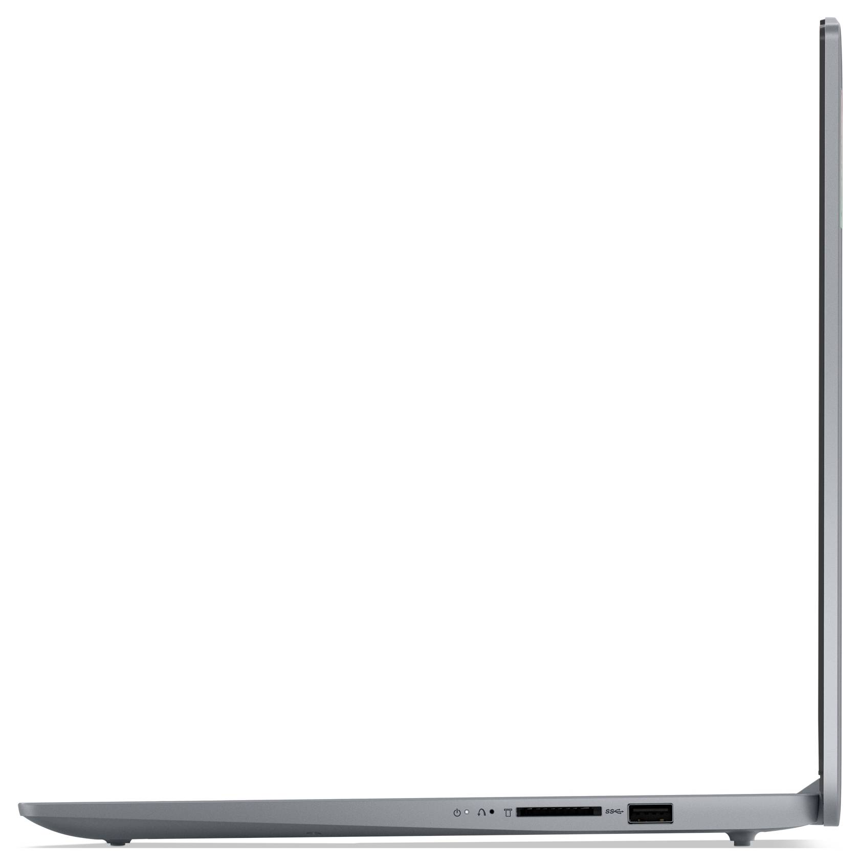 Seitenansicht eines dünnen grauen Laptops, geschlossen und leicht offen gezeigt, wobei sein schlankes Profil und die Anschlüsse an der Unterseite hervorgehoben werden.