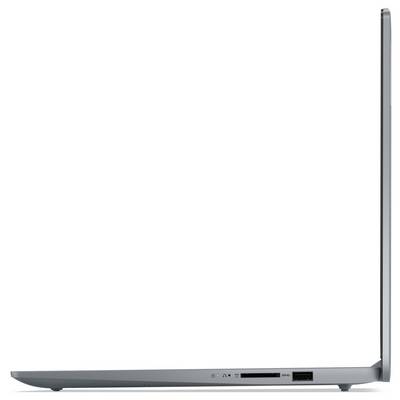 Seitenansicht eines dünnen grauen Laptops, geschlossen und leicht offen gezeigt, wobei sein schlankes Profil und die Anschlüsse an der Unterseite hervorgehoben werden.