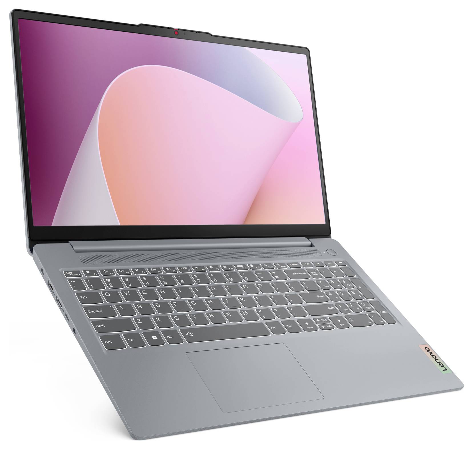 Grauer Lenovo-Laptop, geöffnet mit abstraktem rosa Hintergrundbild auf dem Bildschirm, in einem Winkel auf weißem Hintergrund gezeigt.